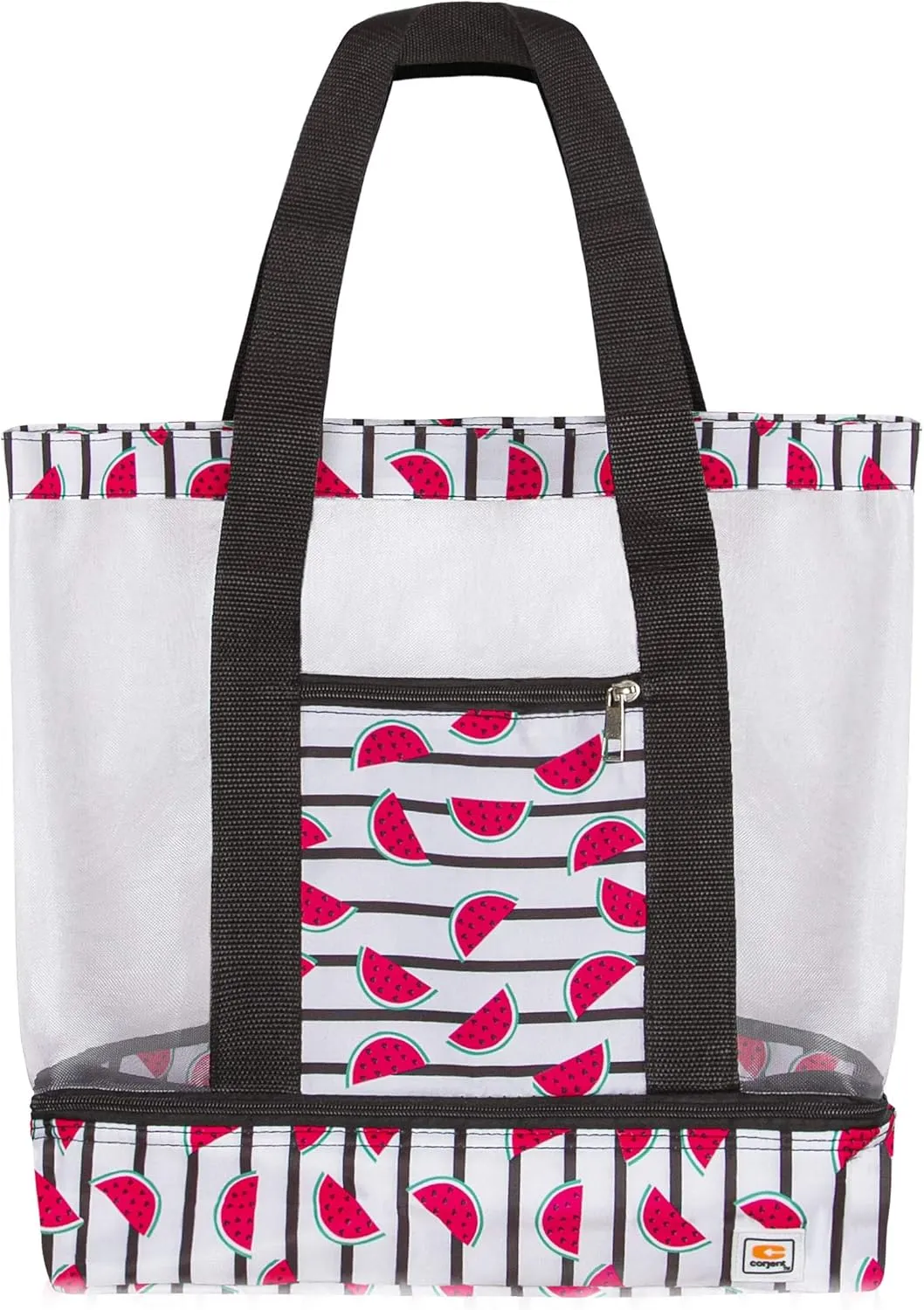 Beach Tote Bag with Mesh Top and Insulated Picnic Cooler Compartment (Watermelon/Striped)