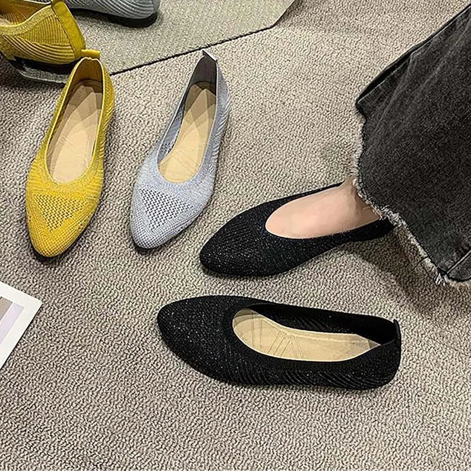 Black Flats for Women Women's Flats Flying Knitting Shoes New Shallow Flat Shoes Small Square Head Knitting Shoes Soft Sole