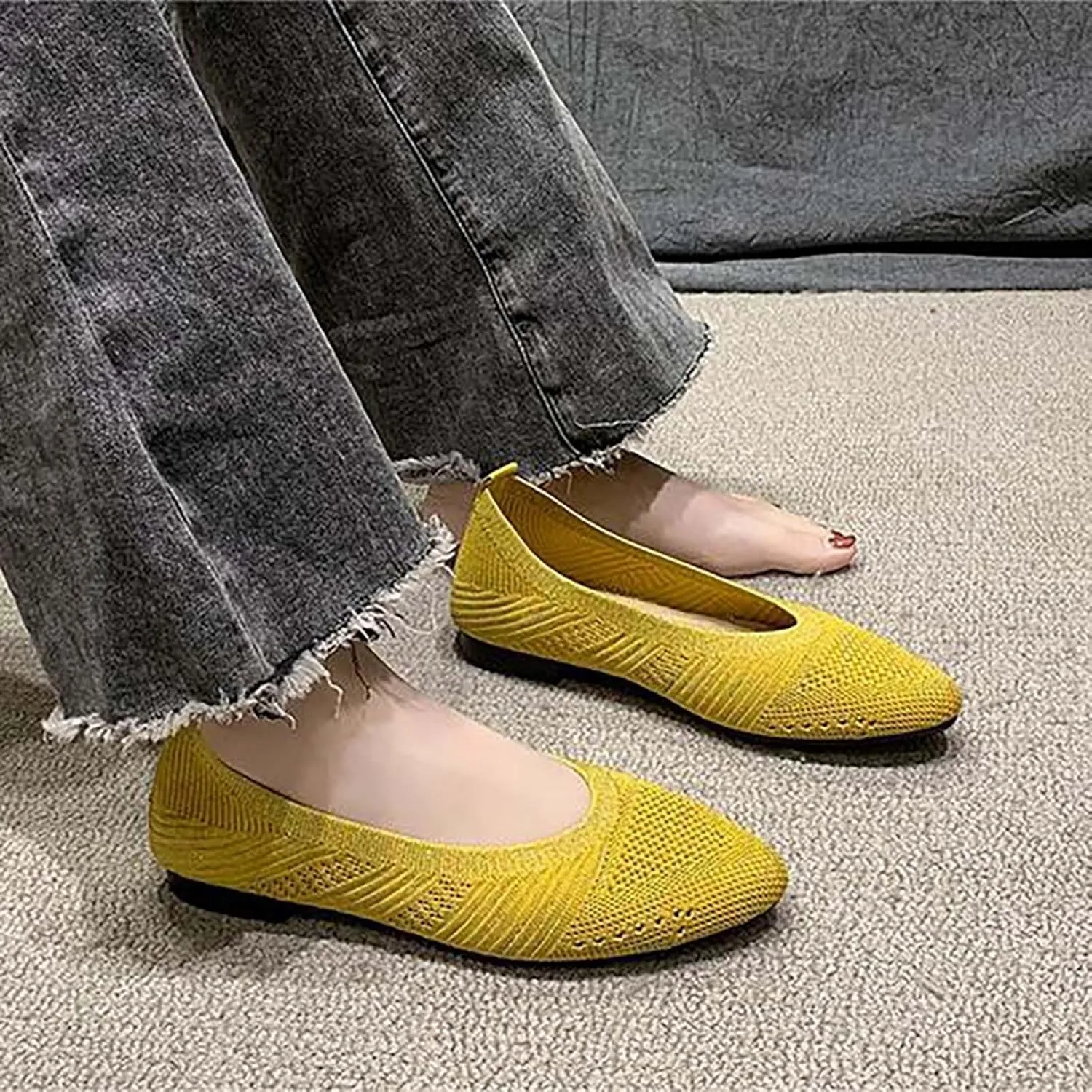 Black Flats for Women Women's Flats Flying Knitting Shoes New Shallow Flat Shoes Small Square Head Knitting Shoes Soft Sole