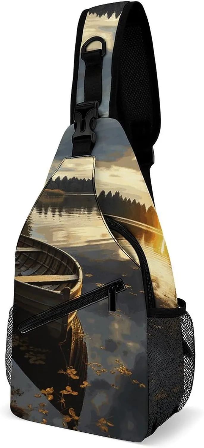 Boat at Lake Shore Sling Bag for Men Women Travel Crossbody Bags Large Hiking Sling Backpack Chest Bag Man Purse
