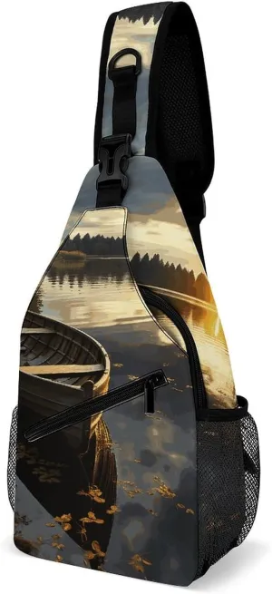 Boat at Lake Shore Sling Bag for Men Women Travel Crossbody Bags Large Hiking Sling Backpack Chest Bag Man Purse
