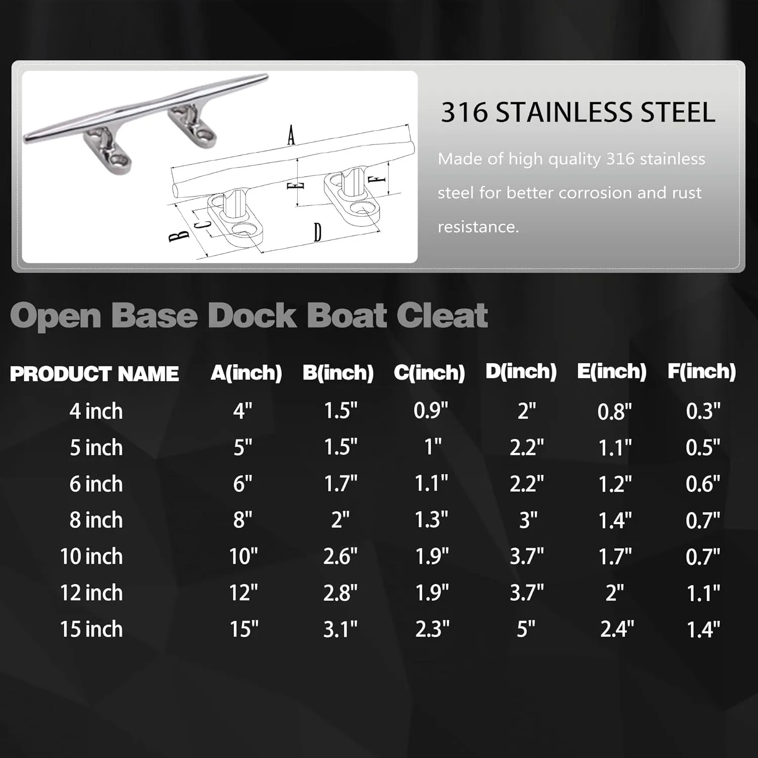 Boat Cleat 4 inch 5 inch 6 inch 8 inch 10 inch Open Base 316 Stainless Steel Dock Cleat Marine Grade Rope Cleat with Fasteners for Kayaks, Nautical Decor