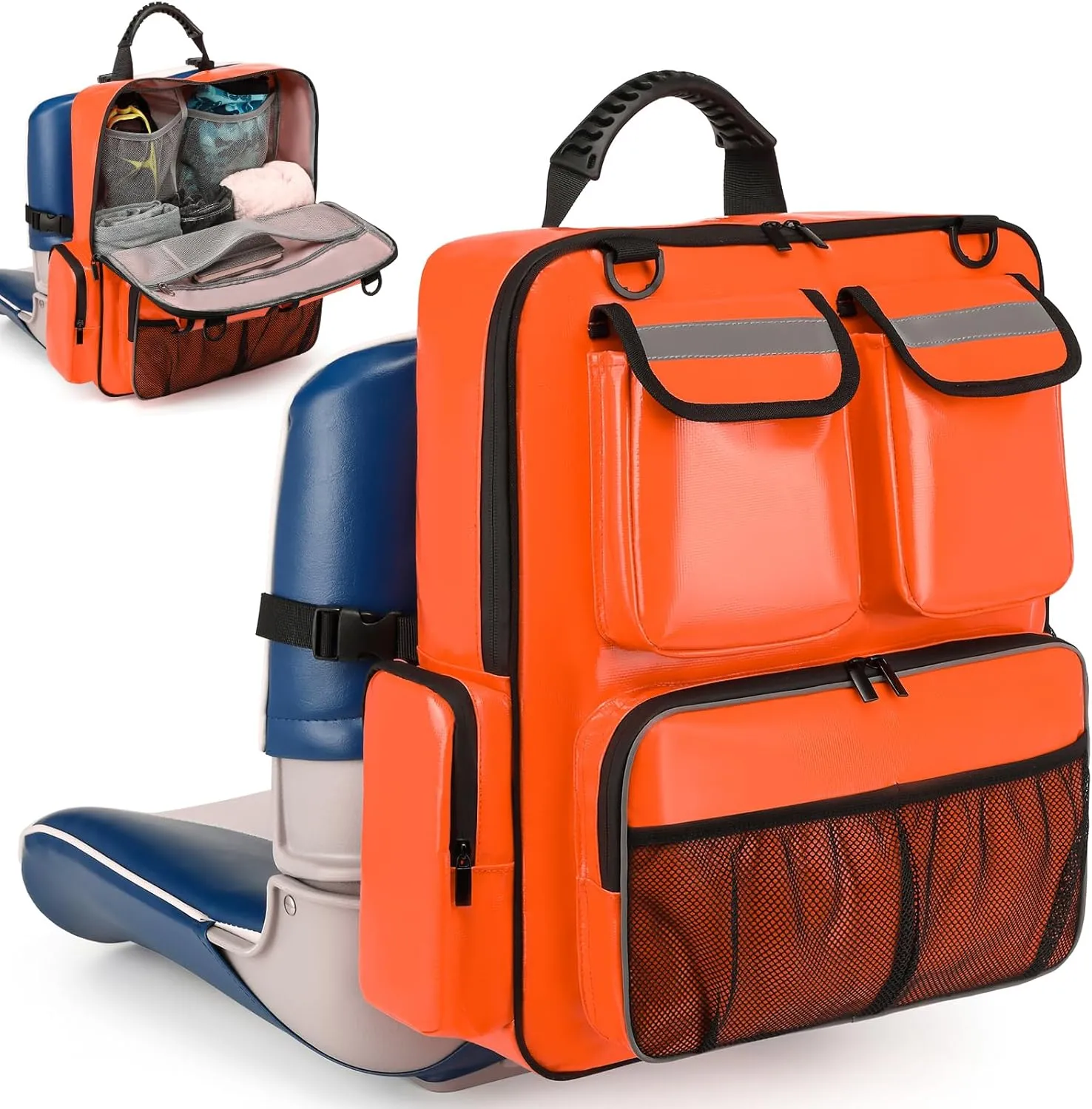 Boat Seat Organizer Bag Waterproof Boat Back Seat Carrying Bag Storage Backpack for Life Jacket, Swimsuit, Boating Accessories (Orange)