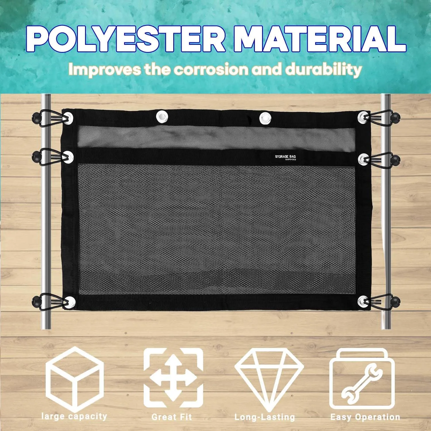 Boat Storage Bag,Polyester Boat Mesh Suspended Storage Bag,Black Boats Storage Mesh Pocket,Boat Seat Storage Bag for Leaning Post with 6 Positioning Elastic Loops. (24" L x 15" W)