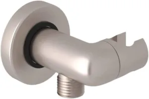 BOSSINI MODERN WALL MOUNTED SWIVELING OR PIVOTING HANDSHOWER HOLDER AND OUTLET SUPPLY ELBOW IN SATIN NICKEL WITH 1/2"M HOSE OUTLET, 1/2"F INLET AND THIN OR FLAT ROUND WALL ESCUTCHEON