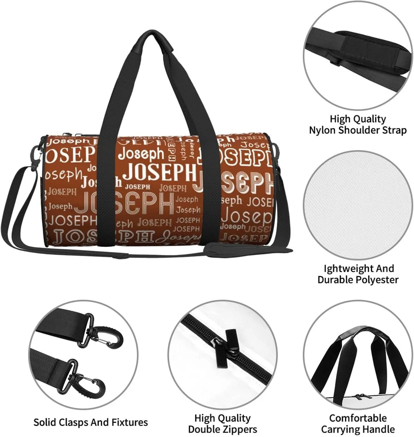 Brown Pattern Personalized Duffle Bag for Women Men Custom Sports Gym Dance Bag with Name Customize Cheer Bags for Travel Yoga Ballet Cheerleader Overnight Weekender Handbag