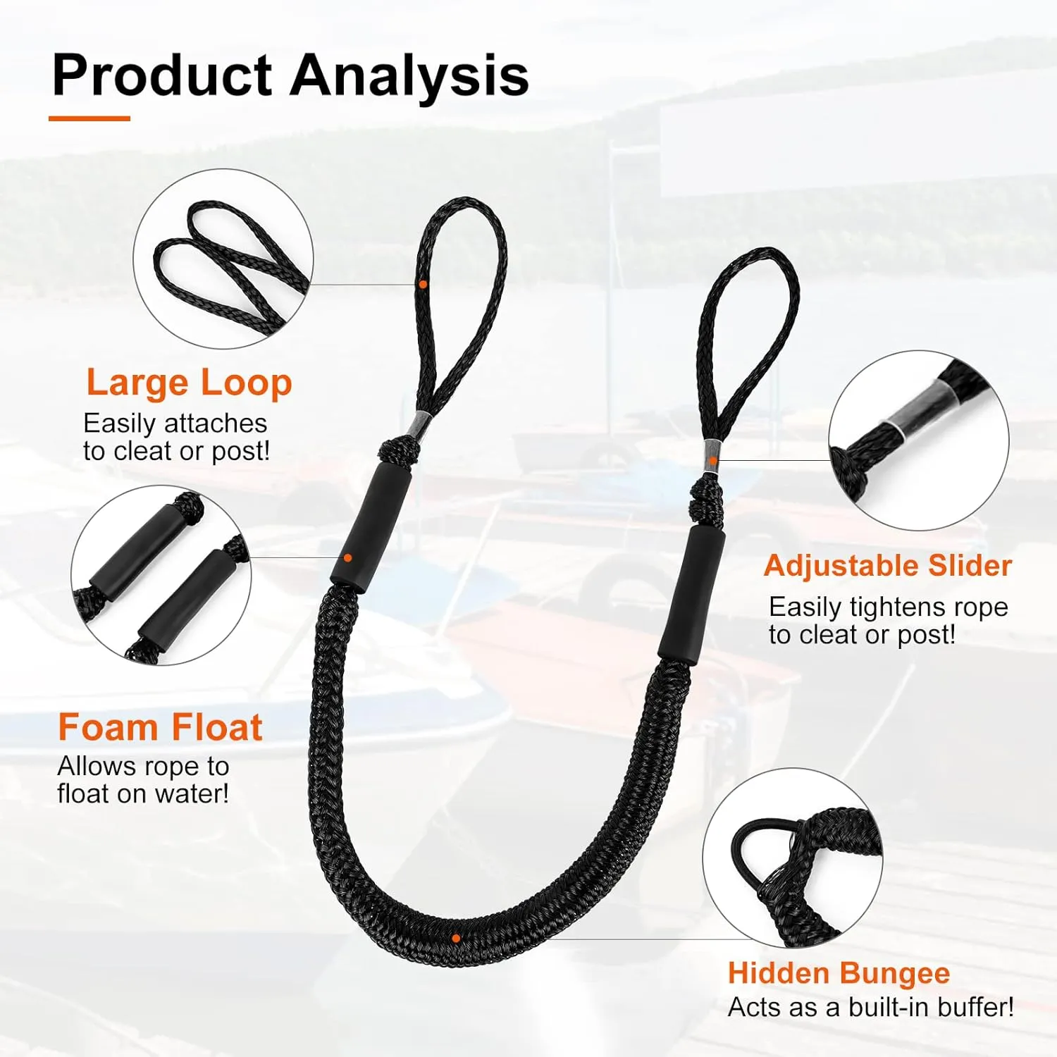 Bungee Dock Lines, 4 Feet Bungee Shock Cords Bungee Docking Rope Mooring Rope for Boat,PWC,Jet ski,Pontoon,Kayak,Canoe,Power Boat,Watercraft