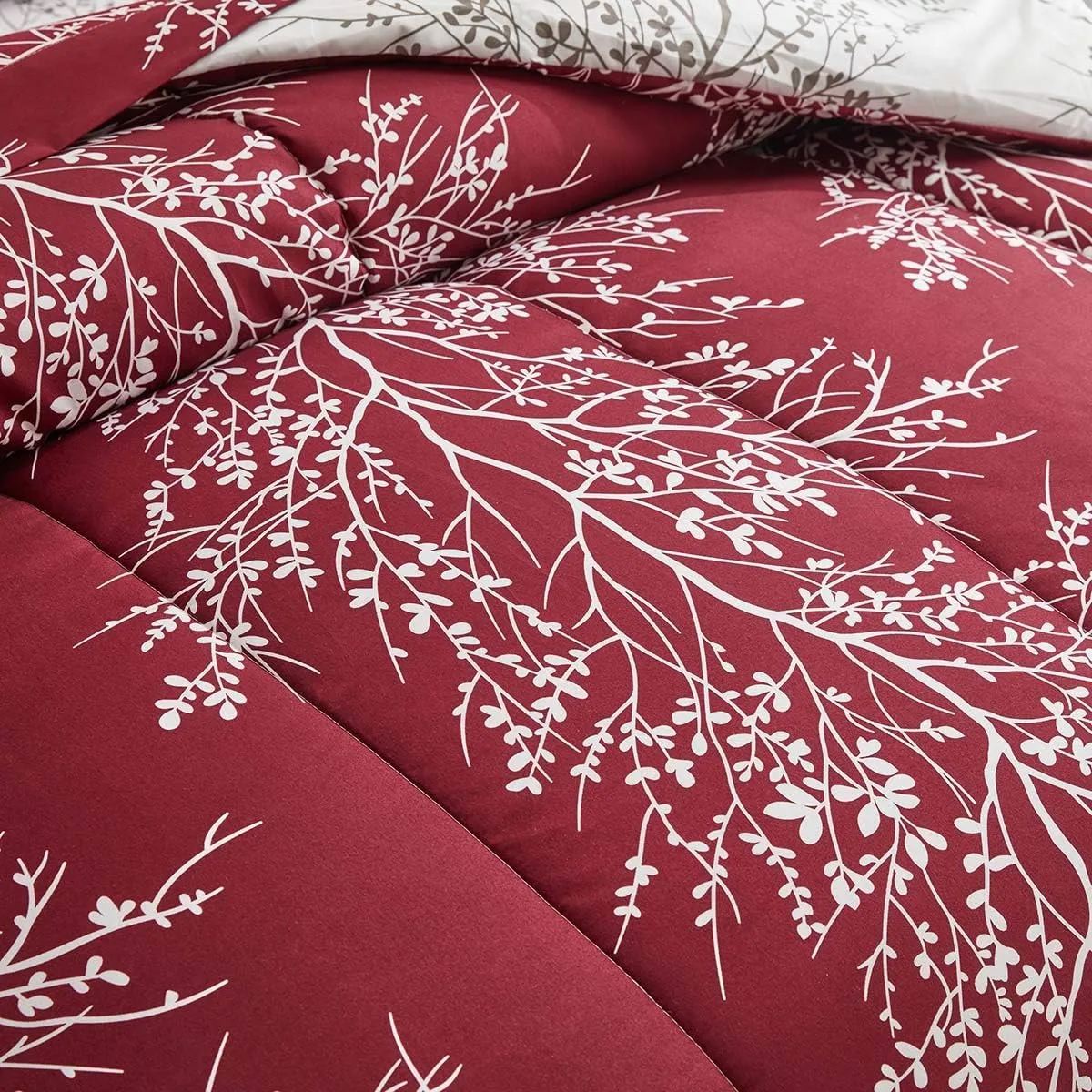 Christmas Bed in a Bag Burgundy Red Comforter Sheet Set 7 Pieces King Size Tree Branch Soft X-max Holiday Bedding Set (1 Comforter 2 Pillow Shams 1 Flat Sheet 1 Fitted Sheet 2 Pillowcases)