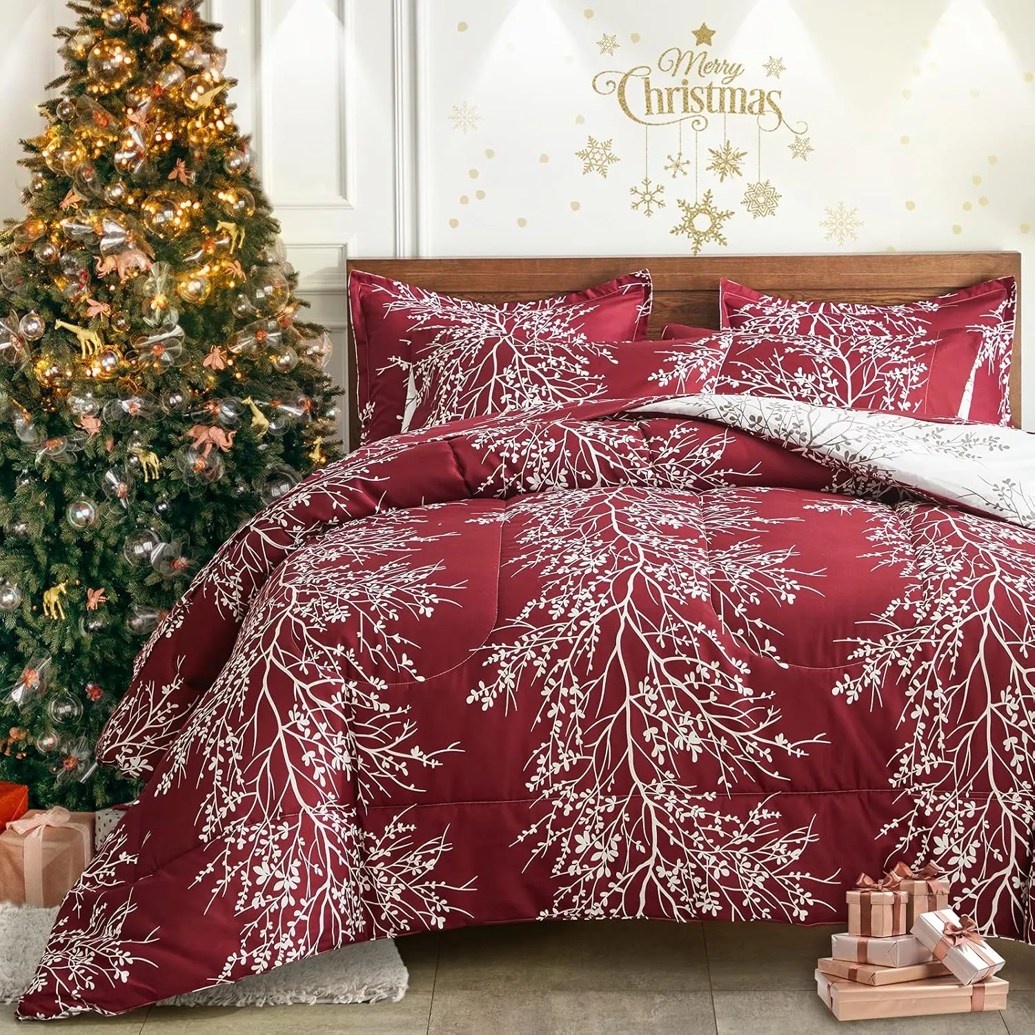 Christmas Bed in a Bag Burgundy Red Comforter Sheet Set 7 Pieces King Size Tree Branch Soft X-max Holiday Bedding Set (1 Comforter 2 Pillow Shams 1 Flat Sheet 1 Fitted Sheet 2 Pillowcases)
