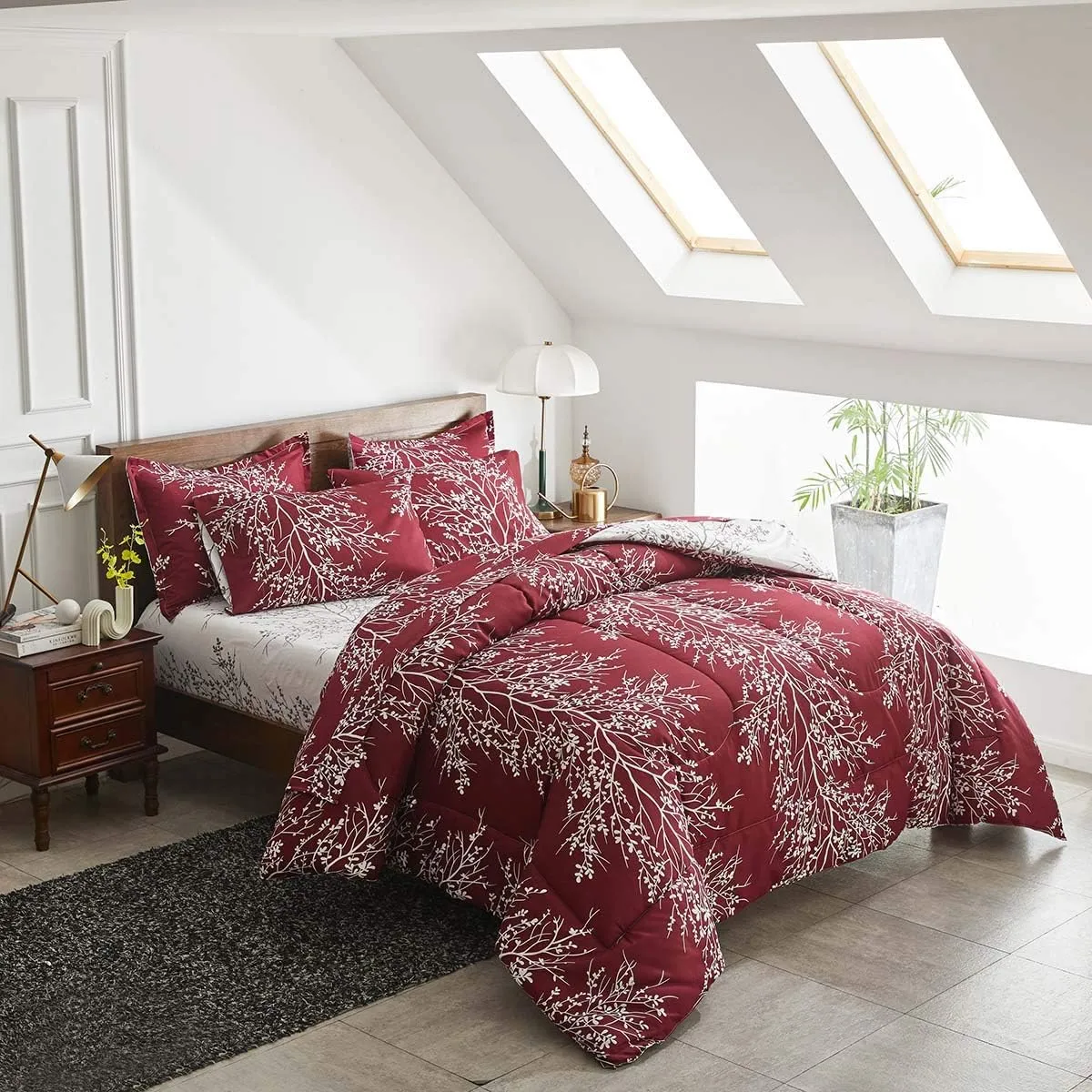 Christmas Bed in a Bag Burgundy Red Comforter Sheet Set 7 Pieces King Size Tree Branch Soft X-max Holiday Bedding Set (1 Comforter 2 Pillow Shams 1 Flat Sheet 1 Fitted Sheet 2 Pillowcases)