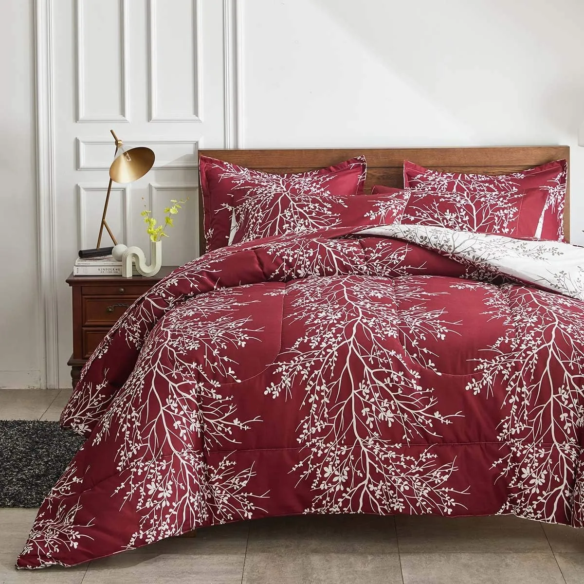 Christmas Bed in a Bag Burgundy Red Comforter Sheet Set 7 Pieces King Size Tree Branch Soft X-max Holiday Bedding Set (1 Comforter 2 Pillow Shams 1 Flat Sheet 1 Fitted Sheet 2 Pillowcases)