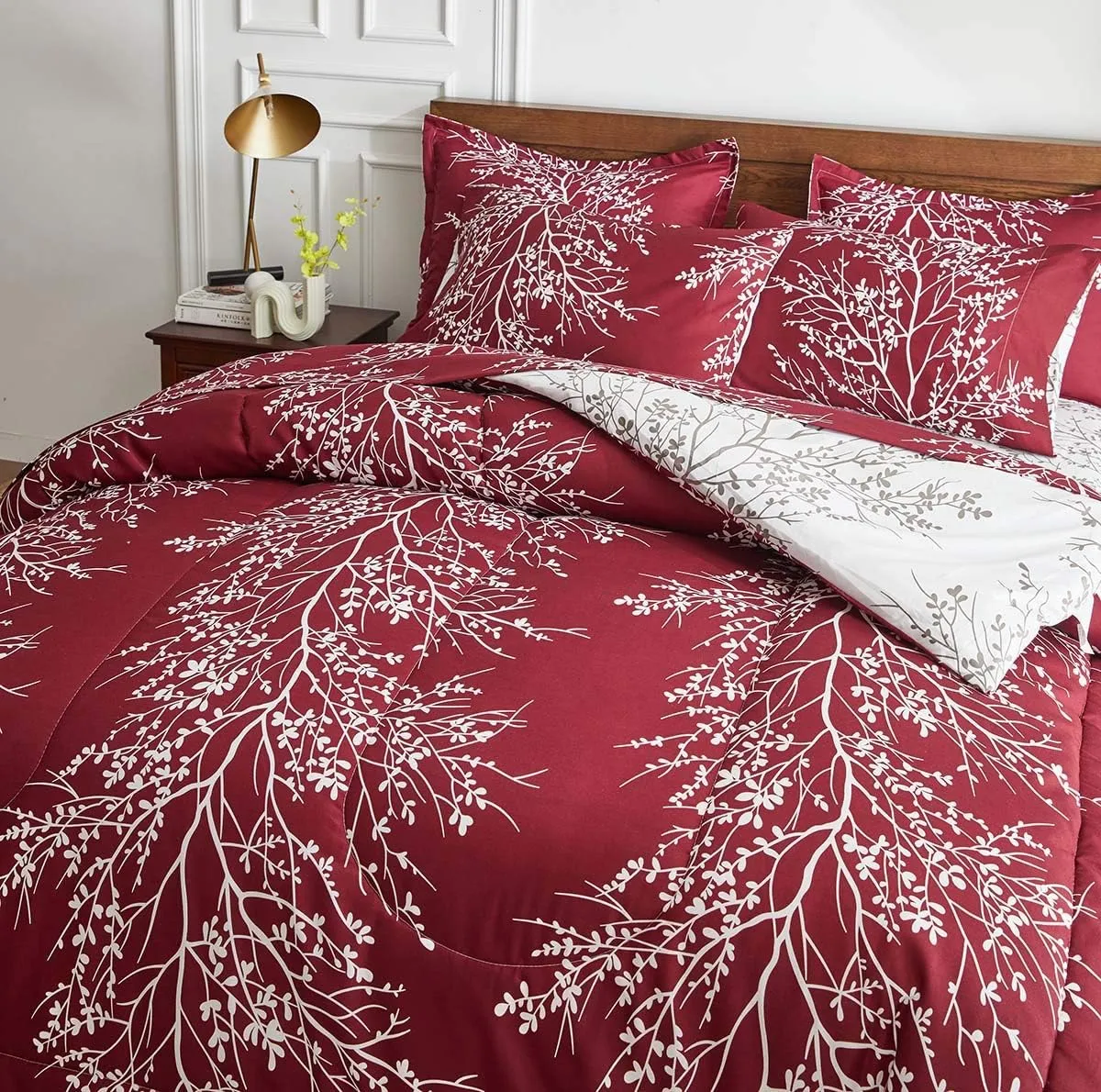 Christmas Bed in a Bag Burgundy Red Comforter Sheet Set 7 Pieces King Size Tree Branch Soft X-max Holiday Bedding Set (1 Comforter 2 Pillow Shams 1 Flat Sheet 1 Fitted Sheet 2 Pillowcases)