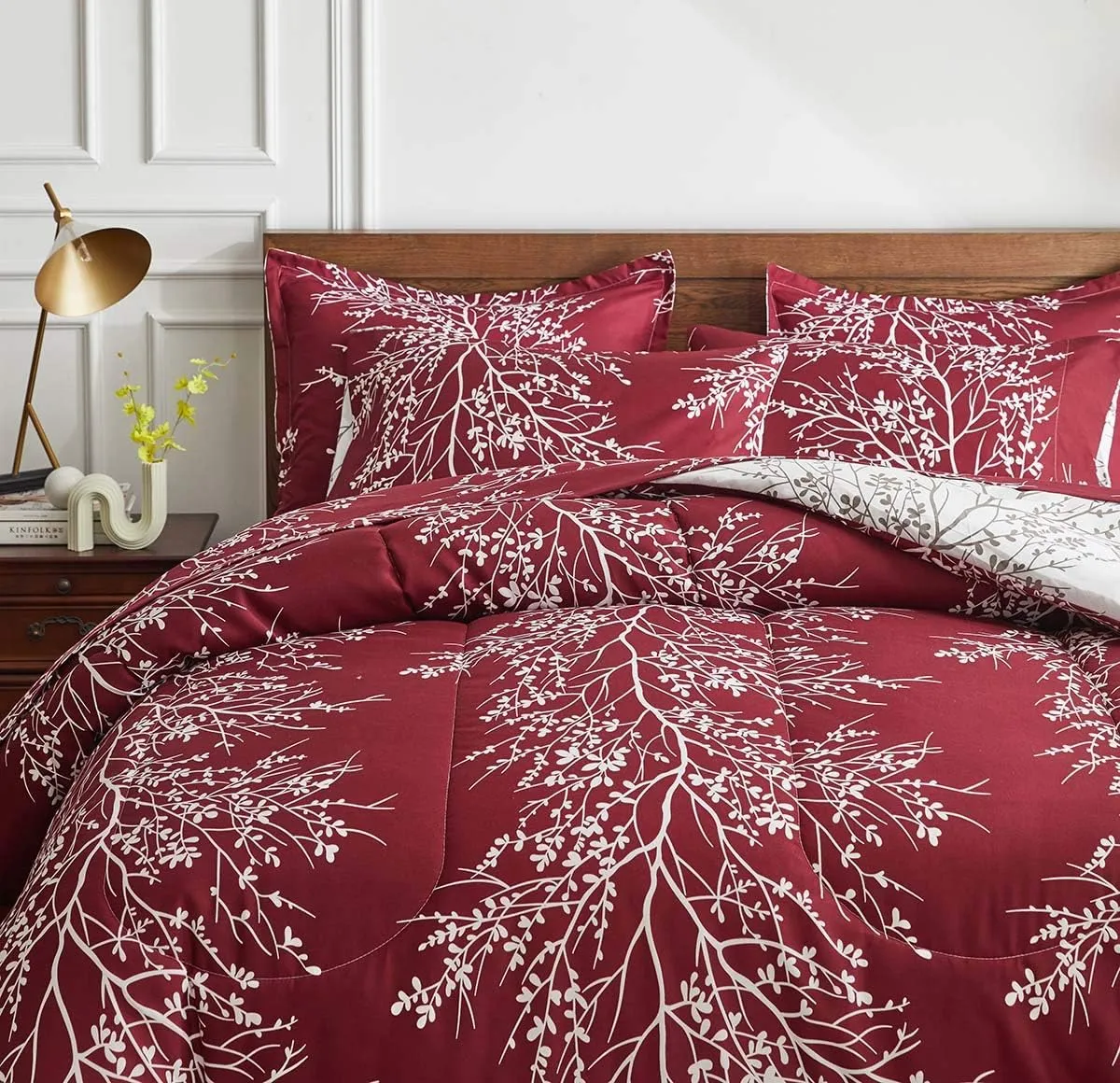 Christmas Bed in a Bag Burgundy Red Comforter Sheet Set 7 Pieces King Size Tree Branch Soft X-max Holiday Bedding Set (1 Comforter 2 Pillow Shams 1 Flat Sheet 1 Fitted Sheet 2 Pillowcases)