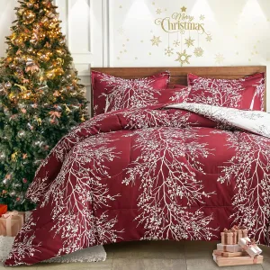 Christmas Bed in a Bag Burgundy Red Comforter Sheet Set 7 Pieces King Size Tree Branch Soft X-max Holiday Bedding Set (1 Comforter 2 Pillow Shams 1 Flat Sheet 1 Fitted Sheet 2 Pillowcases)
