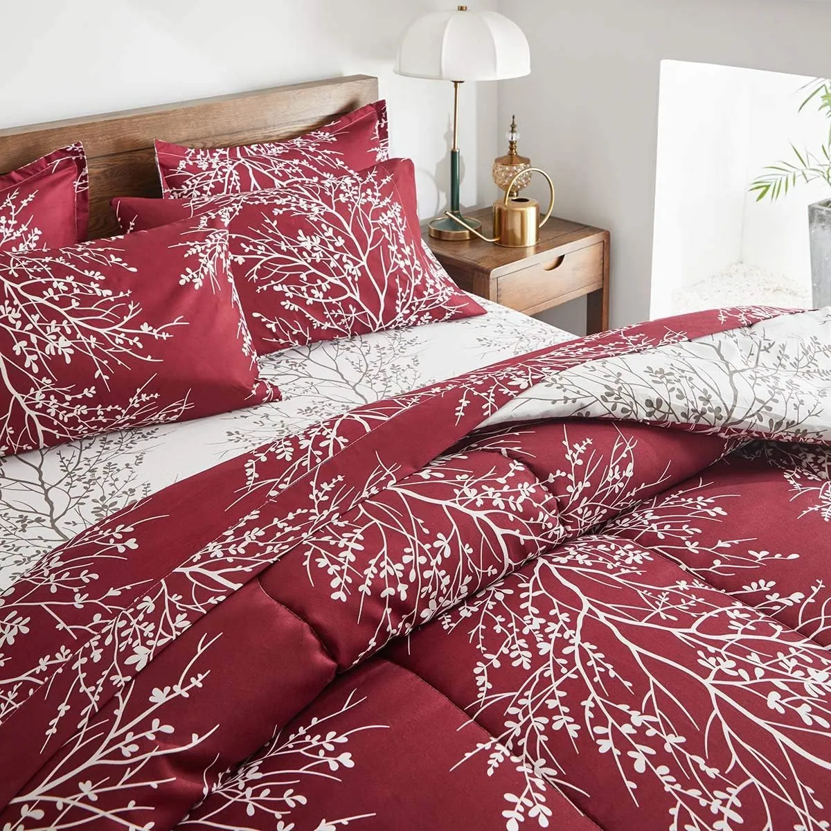 Christmas Bed in a Bag Burgundy Red Comforter Sheet Set 7 Pieces King Size Tree Branch Soft X-max Holiday Bedding Set (1 Comforter 2 Pillow Shams 1 Flat Sheet 1 Fitted Sheet 2 Pillowcases)