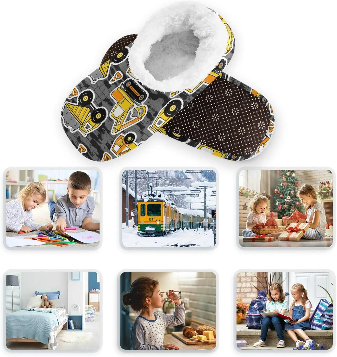 Construction Machines Truck Kids House Slippers Retro Excavator Car Boys Closed Back Fuzzy Feet Slippers Girls Coral Fleece Slipper Socks No Skid Warm Cozy Home Slippers For Indoor Outdoor Winter XS