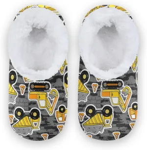 Construction Machines Truck Kids House Slippers Retro Excavator Car Boys Closed Back Fuzzy Feet Slippers Girls Coral Fleece Slipper Socks No Skid Warm Cozy Home Slippers For Indoor Outdoor Winter XS