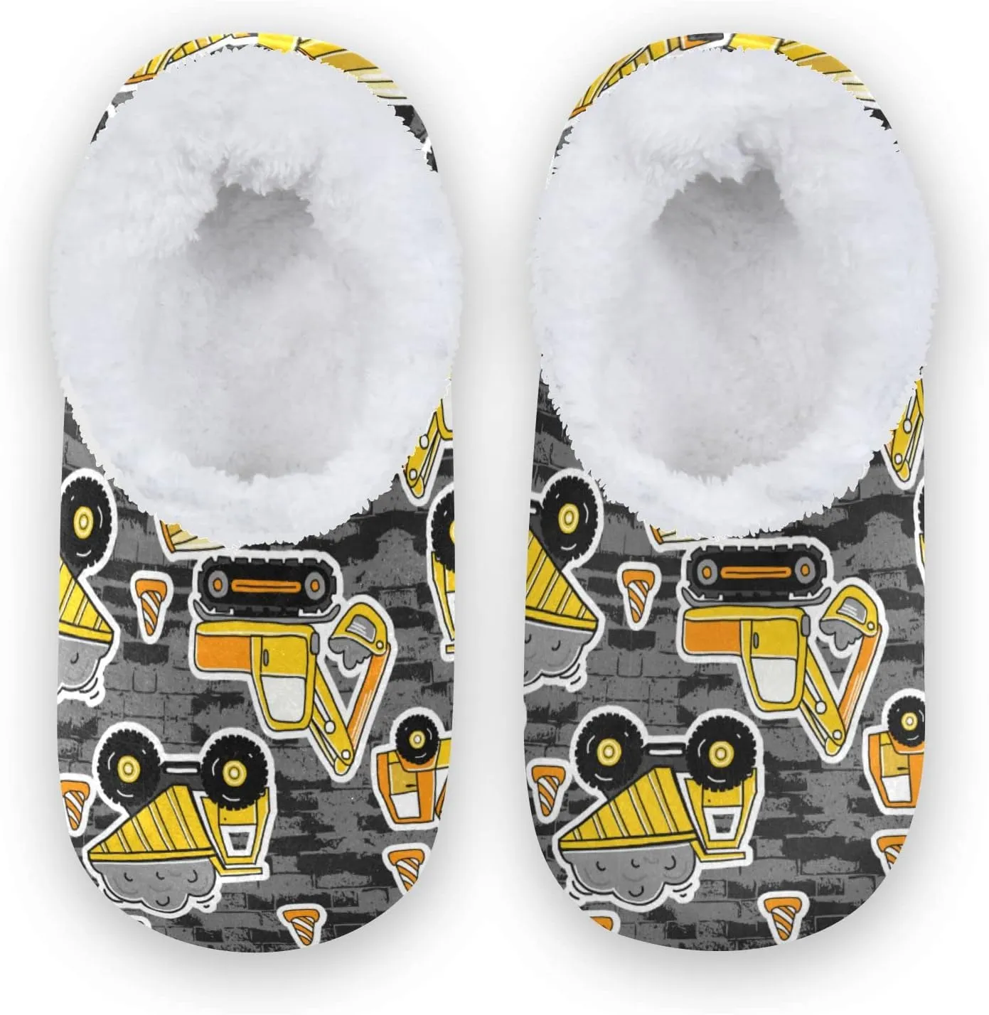 Construction Machines Truck Kids House Slippers Retro Excavator Car Boys Closed Back Fuzzy Feet Slippers Girls Coral Fleece Slipper Socks No Skid Warm Cozy Home Slippers For Indoor Outdoor Winter XS