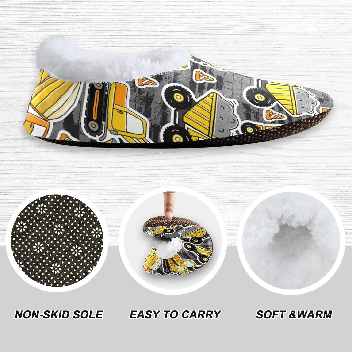 Construction Machines Truck Kids House Slippers Retro Excavator Car Boys Closed Back Fuzzy Feet Slippers Girls Coral Fleece Slipper Socks No Skid Warm Cozy Home Slippers For Indoor Outdoor Winter XS