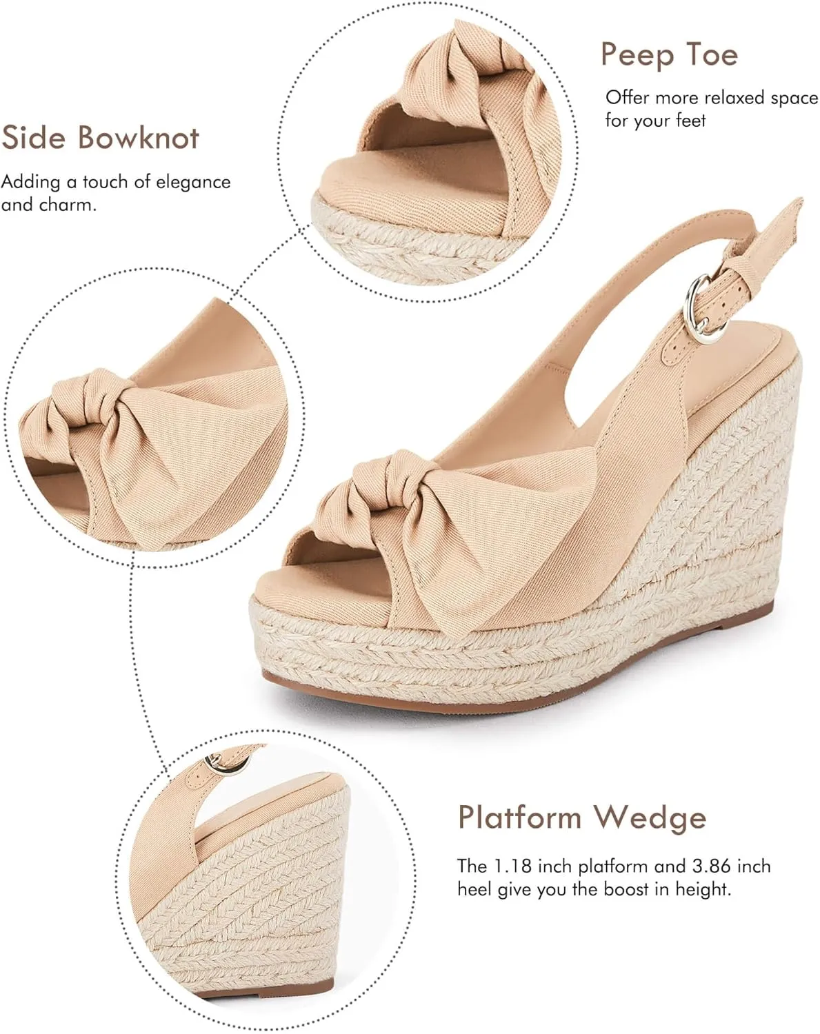 Coutgo Women's Peep Toe Wedges Heels Slingback Espadrille Platform Sandals Side Bowknot Casual Shoes