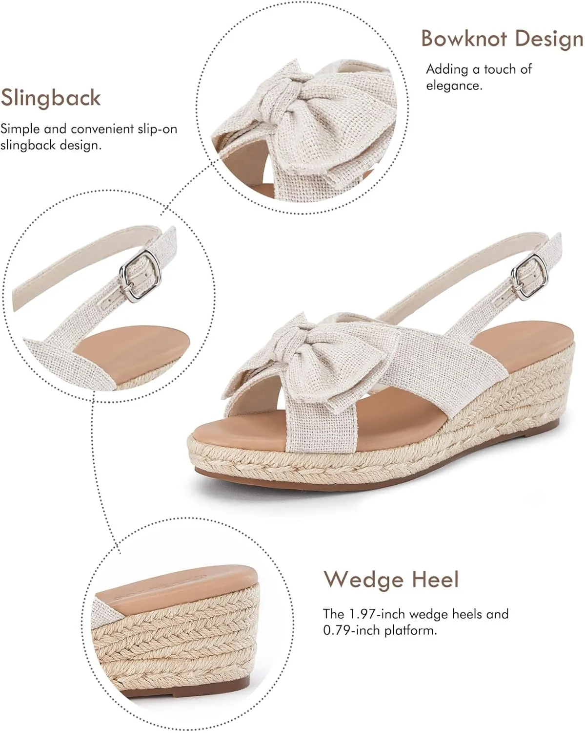 Coutgo Women's Platform Espadrille Wedge Sandals Slingback Bowknot Open Toe Casual Summer Dress Shoes