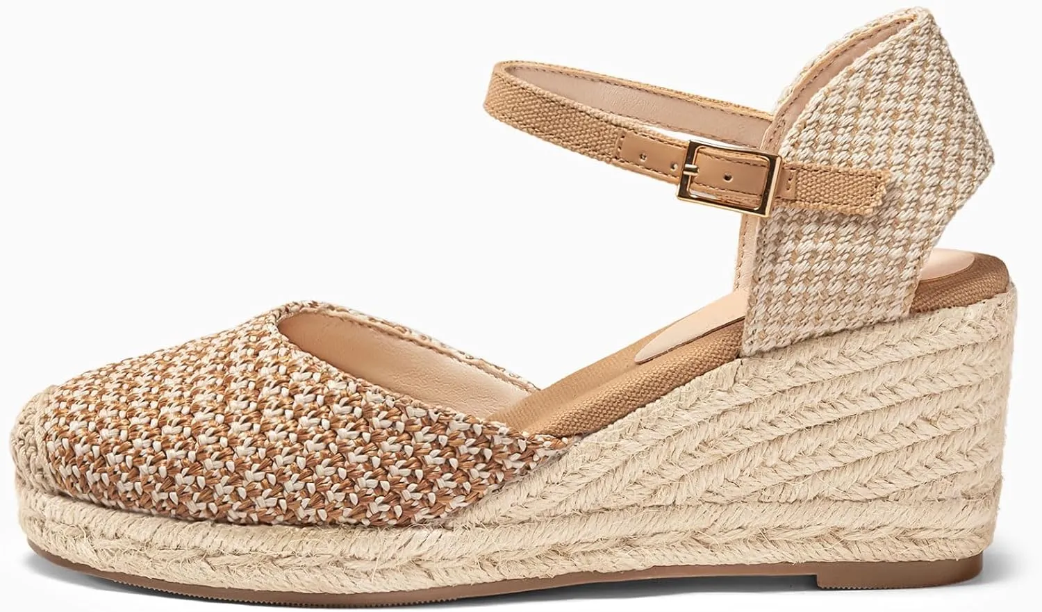Coutgo Womens Platform Wedge Sandals Espadrilles Raffia Closed Toe Heels Ankle Buckle Strap Summer Beach Shoes