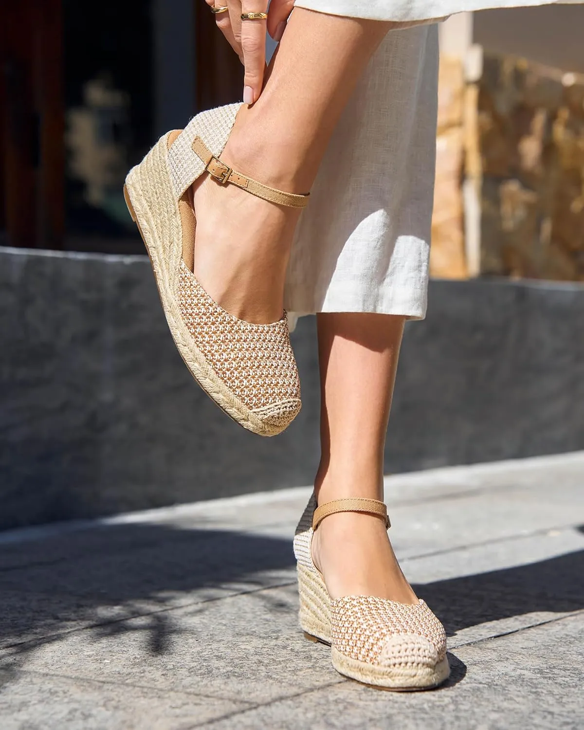 Coutgo Womens Platform Wedge Sandals Espadrilles Raffia Closed Toe Heels Ankle Buckle Strap Summer Beach Shoes