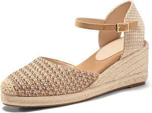 Coutgo Womens Platform Wedge Sandals Espadrilles Raffia Closed Toe Heels Ankle Buckle Strap Summer Beach Shoes