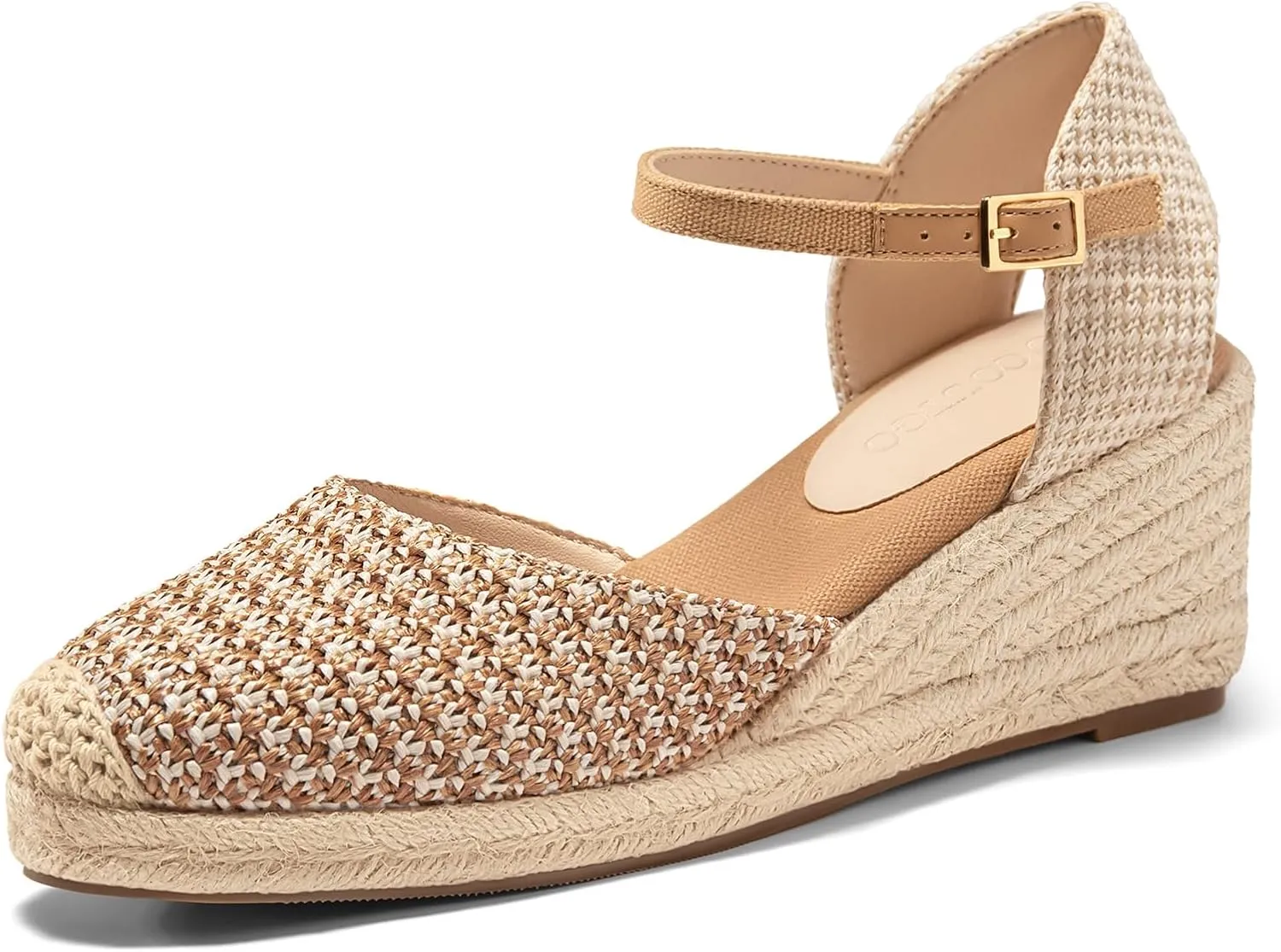 Coutgo Womens Platform Wedge Sandals Espadrilles Raffia Closed Toe Heels Ankle Buckle Strap Summer Beach Shoes