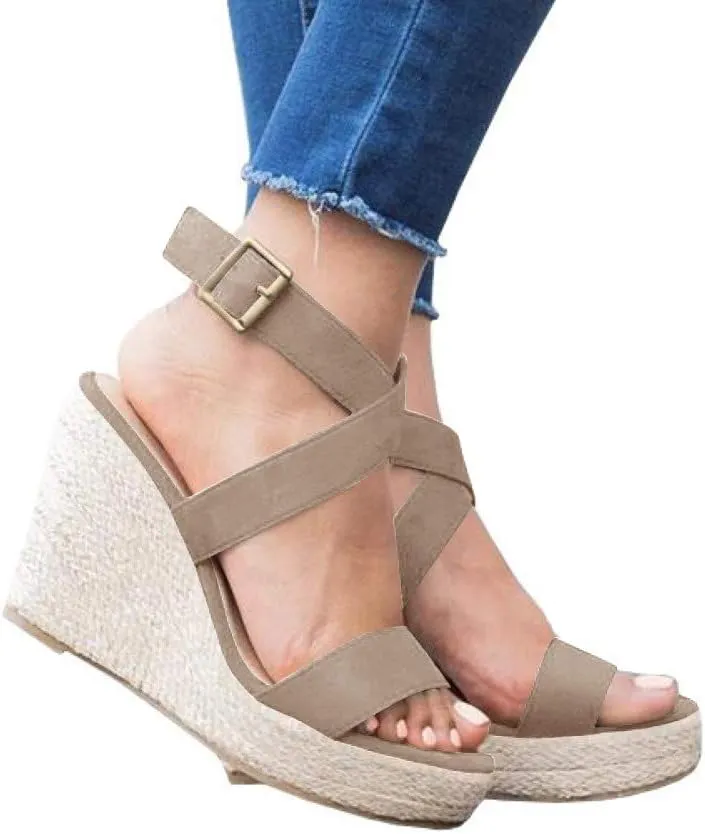 Coutgo Women's Wedge Sandals Cross Strap Espadrille Platform Ankle Buckle Summer Casual Shoes