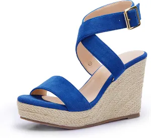 Coutgo Women's Wedge Sandals Cross Strap Espadrille Platform Ankle Buckle Summer Casual Shoes