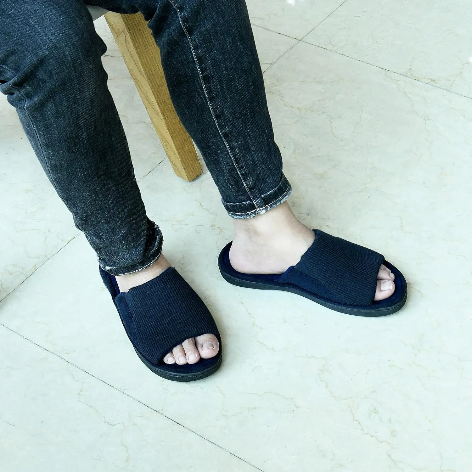 Cozy Men's Open Toe House Slippers Memory Foam,Comfy Slip On Indoor Slippers for Men Breathable, Non-Slip Soft Bedroom Home Slippers Lightweight