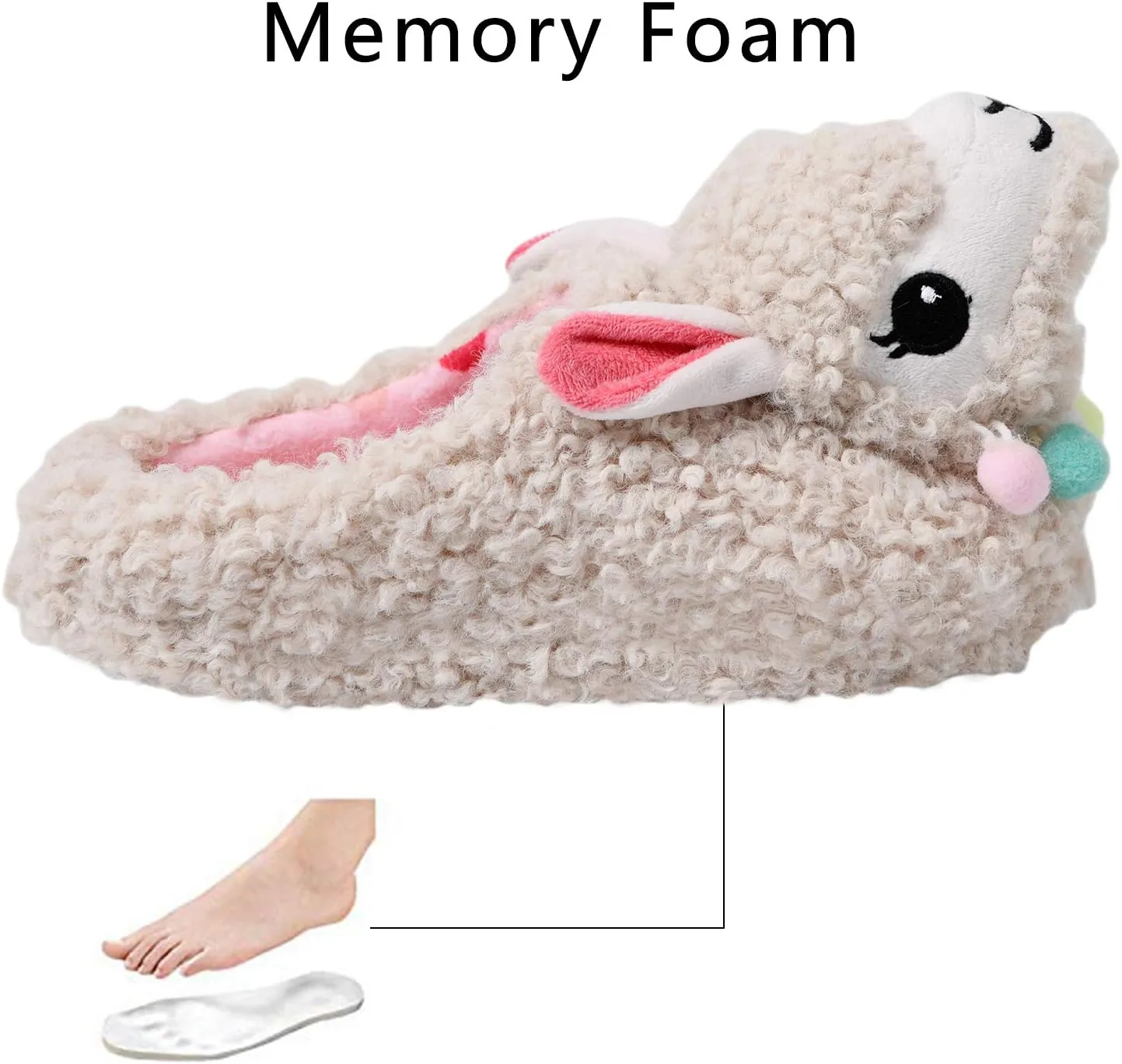 Cute Animal Slippers - Soft Fuzzy Alpaca & Llama Memory Foam for Women - Indoor Warm Non-Slip Bedroom Slippers
