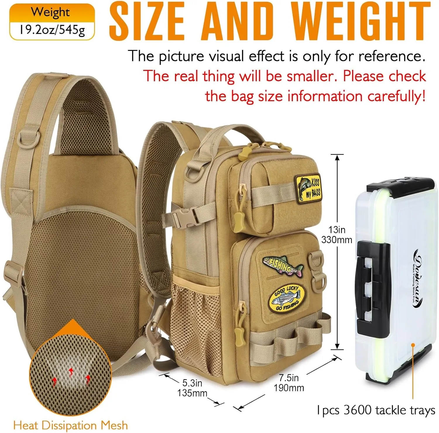 Dovesun Fishing Sling Tackle Bag with 3600 Tackle Trays, DIY Logos Fishing Backpack with Rod Holder Sling Bag