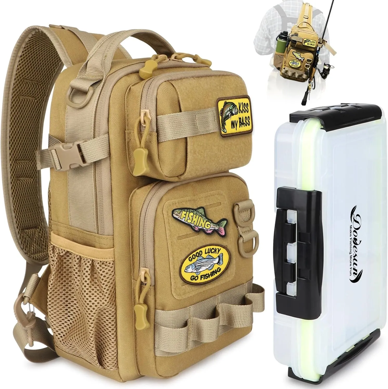Dovesun Fishing Sling Tackle Bag with 3600 Tackle Trays, DIY Logos Fishing Backpack with Rod Holder Sling Bag