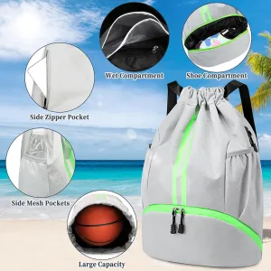 Drawstring Backpack Gym Bag for Men, Basketball Bags Sports Cinch Sack with Shoe Compartment and Water Resistant Wet Pocket Large Gym Sackpack for Basketball Soccer Beach Swim Fitness (Grey)