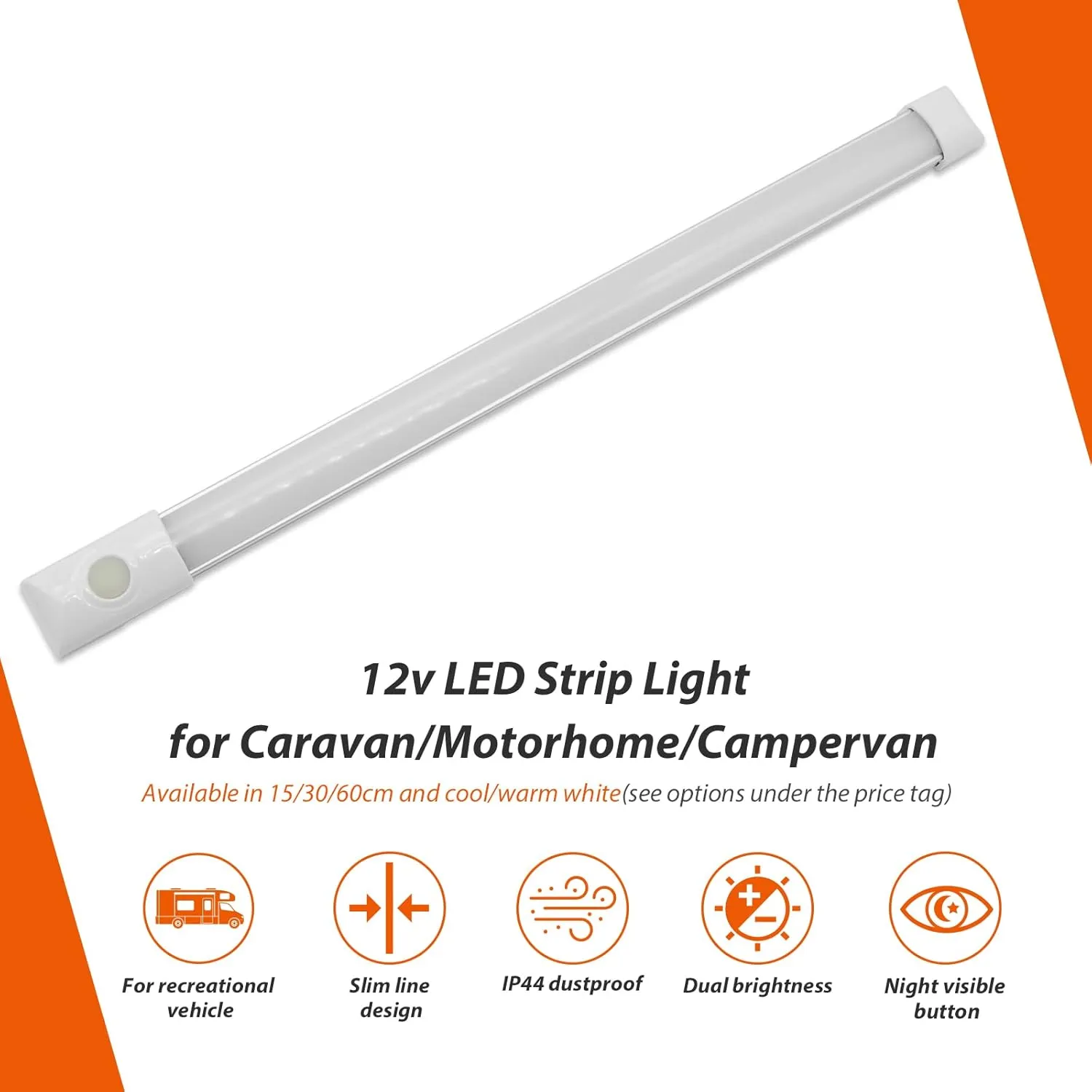 Dream lighting 12 Volts LED Under Cabinet Strip Light with Switch 12 inch Slim Line Light for RV, Camper and Motorhome, 5.4W, 400 Lumens 2-Phased 3000K Warm White Lighting (1 Light)