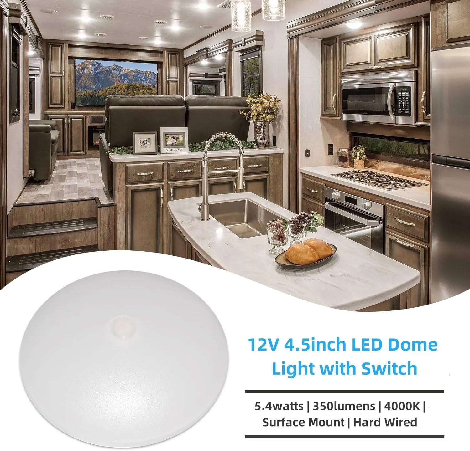 Dream lighting RV 12volt LED Ceiling Lights Interior Trailer Boat Dome Light with Switch 4000K Pure White Lighting 5.4W 4.5inch Pack of 2