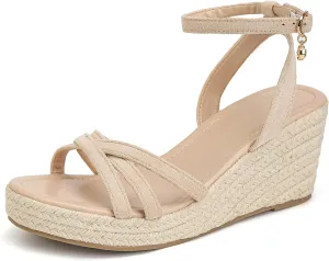 Dressy Open Toe Sandals Platform Wedge Sandals with Cushioned Insole and Ankle Strap Buckle,Strappy Espadrille Wedge Sandals for Women Comfortable Summer