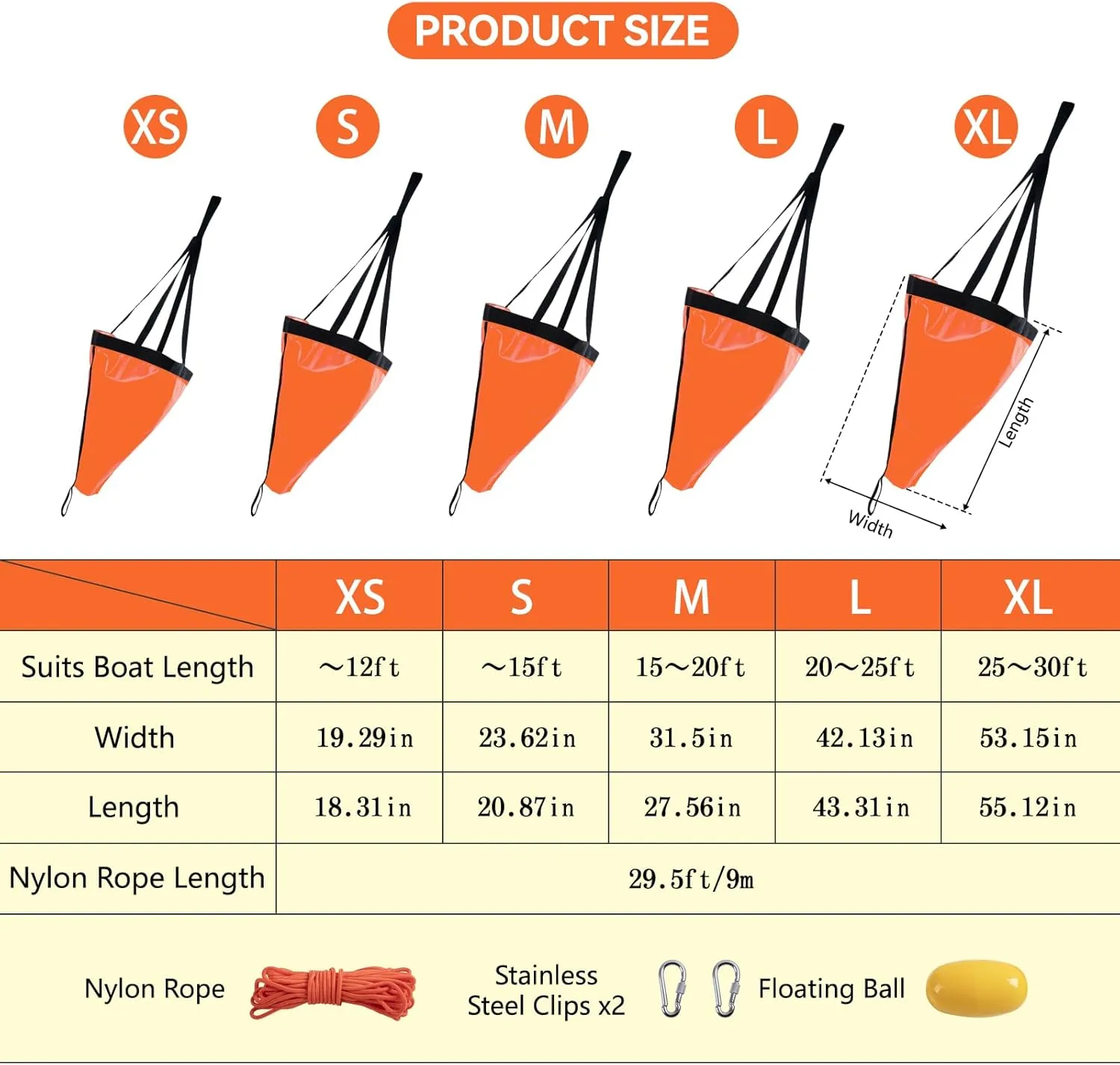 Drift Sock, 19”/24”/32”/42”/53” Sea Anchor for Boats with 30FT Tow Rope Line Buoy Ball Float, Drift Socks for Fishing Boat/Sail Boat/Kayak Trolling Sock