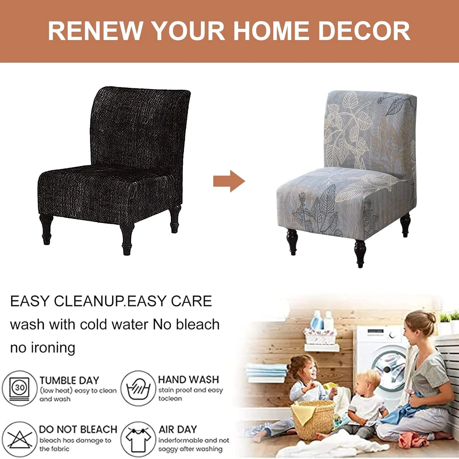 Eco-Ancheng Armless Chair Slipcover - Removable, Washable, Printed Accent Chairs for Living & Dining Room