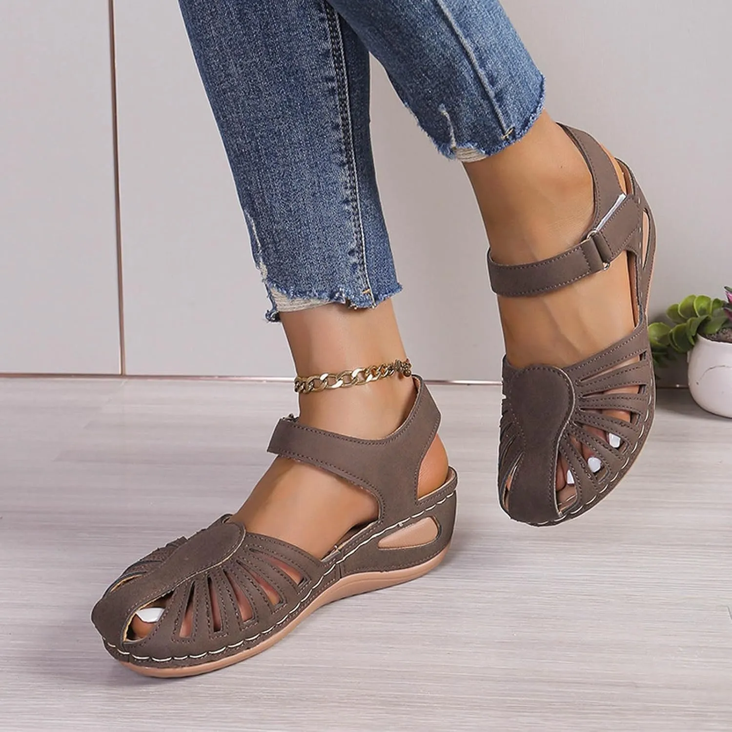 Eduavar Orthopedic Sandals for Women, Womens Sandals Comfortable Closed Toe Casual Hollow Out Shoes Orthotic Wedge Sandals