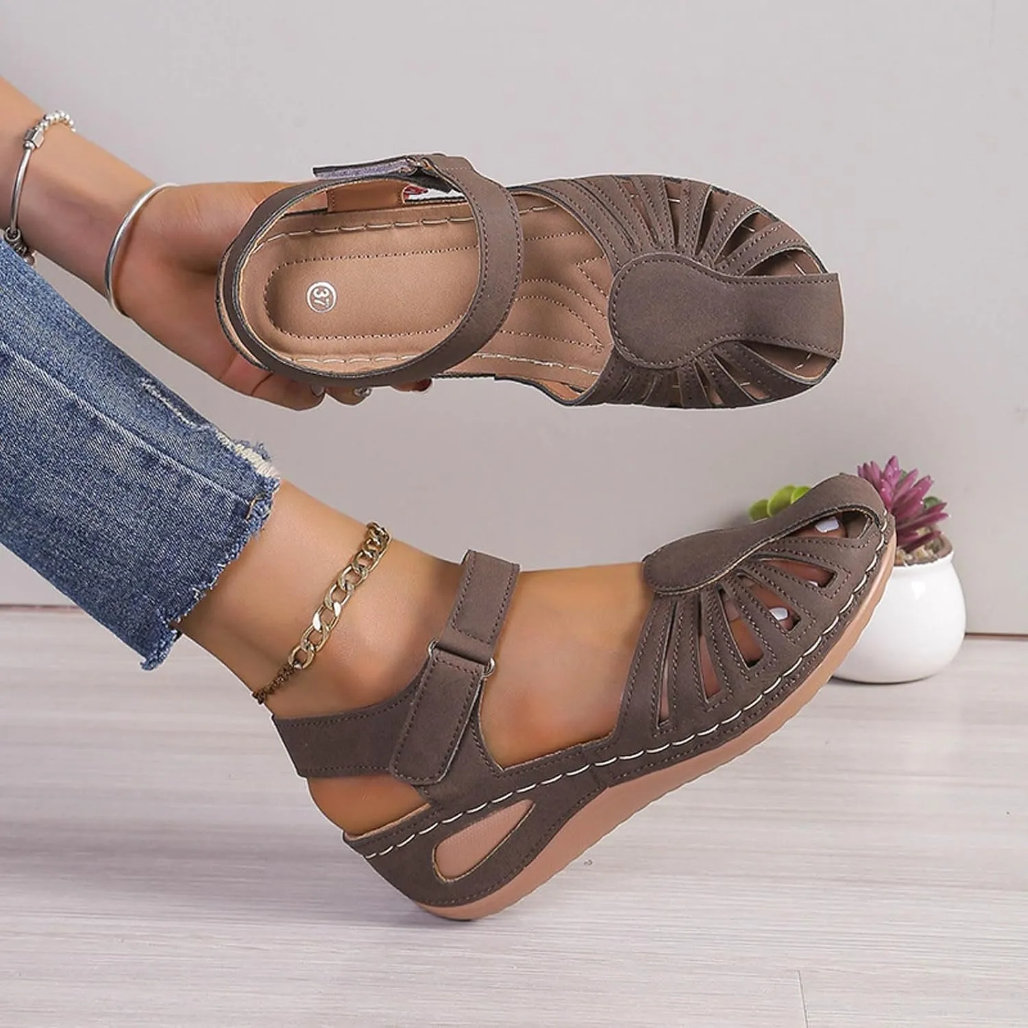 Eduavar Orthopedic Sandals for Women, Womens Sandals Comfortable Closed Toe Casual Hollow Out Shoes Orthotic Wedge Sandals
