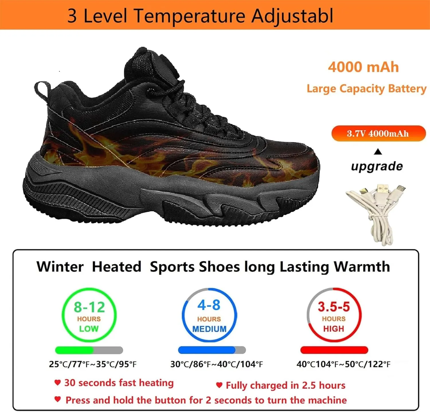 Electric Shoes for Men, Heated Sneakers with 4000Mah Rechargeable Battery, Foot Warmer Shoes 3 Heating Levels, Heating Hiking Shoes for Unisex Outdoor Feet Warm