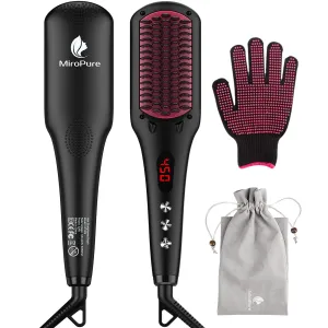 Enhanced Ceramic Hair Straightener Brush by MiroPure, 2-in-1 Ionic Straightening Brush with Anti-Scald Feature, Auto Temperature Lock & Auto-Off Function (Black)
