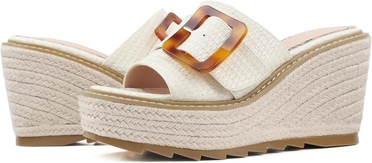 Espadrille Dressy Wedge Sandals, Adjustable Ankle Strap Buckle Women's Platform Sandals Dressy Square Toe, Comfortable High Heel Beach Shoes with Cushioned Footbed for Casual Summer