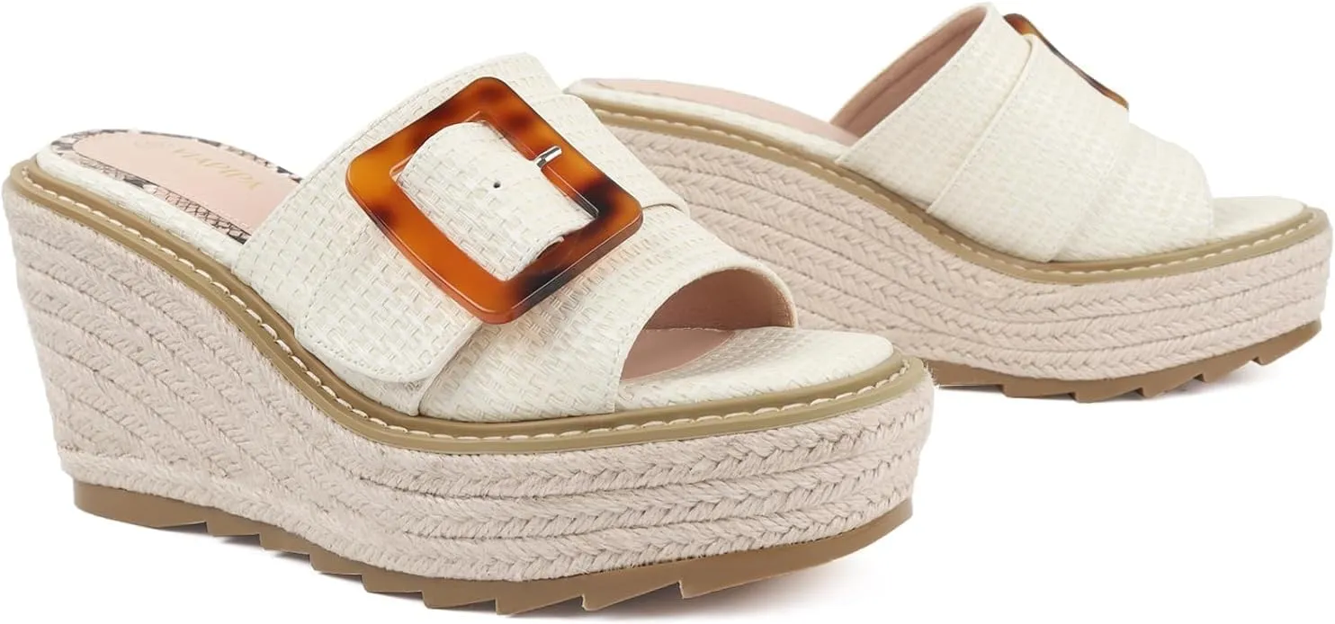 Espadrille Dressy Wedge Sandals, Adjustable Ankle Strap Buckle Women's Platform Sandals Dressy Square Toe, Comfortable High Heel Beach Shoes with Cushioned Footbed for Casual Summer