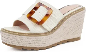 Espadrille Dressy Wedge Sandals, Adjustable Ankle Strap Buckle Women's Platform Sandals Dressy Square Toe, Comfortable High Heel Beach Shoes with Cushioned Footbed for Casual Summer