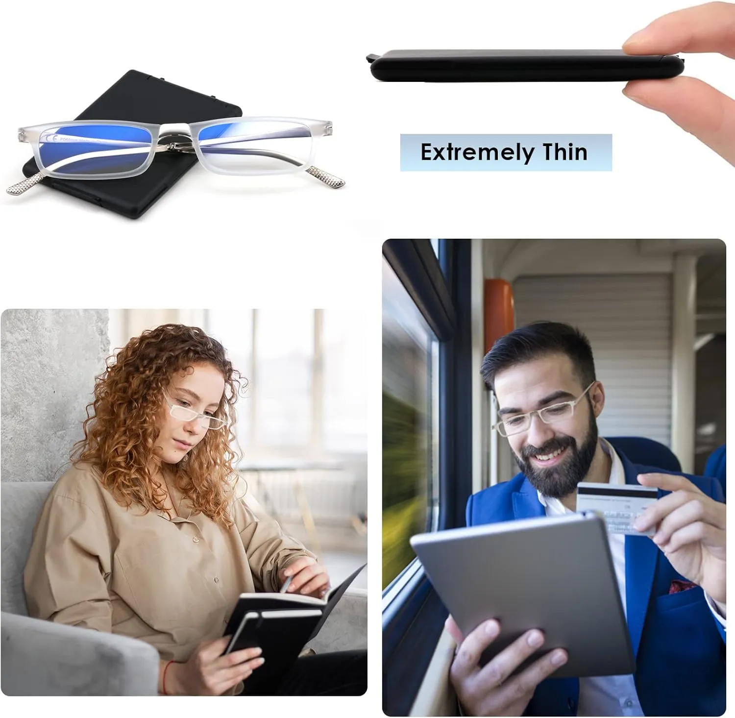 Evolved Folding Reading Glasses For Women Men Blue Light Blocking Anti UV Eyestrain Foldable Portable Compact Readers with Flat Hard Case Pocket Computer glasses, 1.75 CLEAR