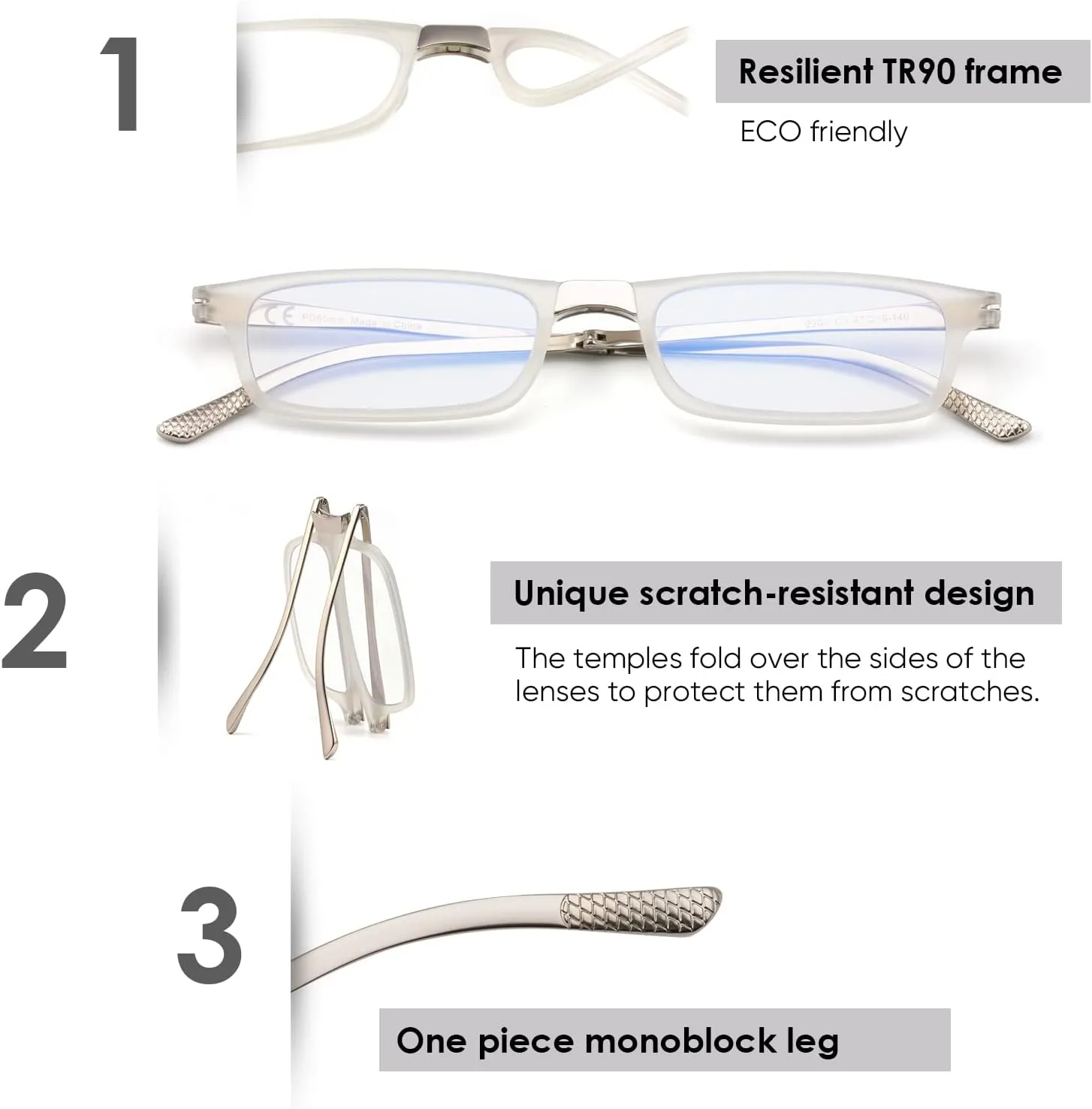 Evolved Folding Reading Glasses For Women Men Blue Light Blocking Anti UV Eyestrain Foldable Portable Compact Readers with Flat Hard Case Pocket Computer glasses, 1.75 CLEAR
